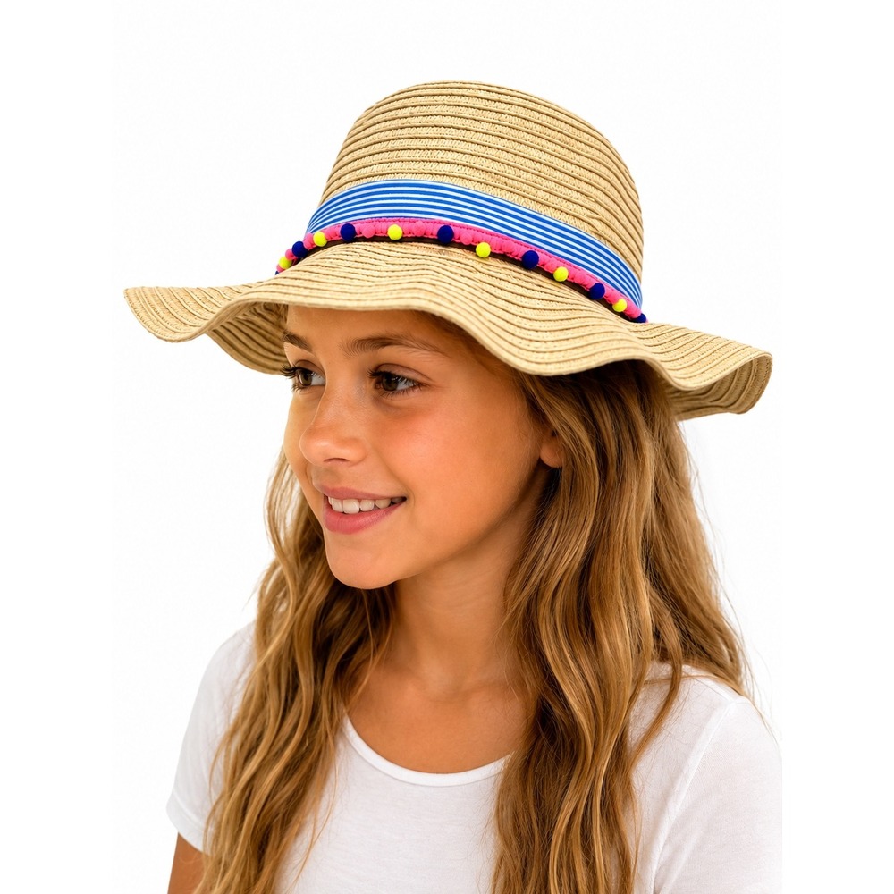 Tommy Bahama Kids Tan Straw Sun Hat Fedora Striped Pom Pom NWT New